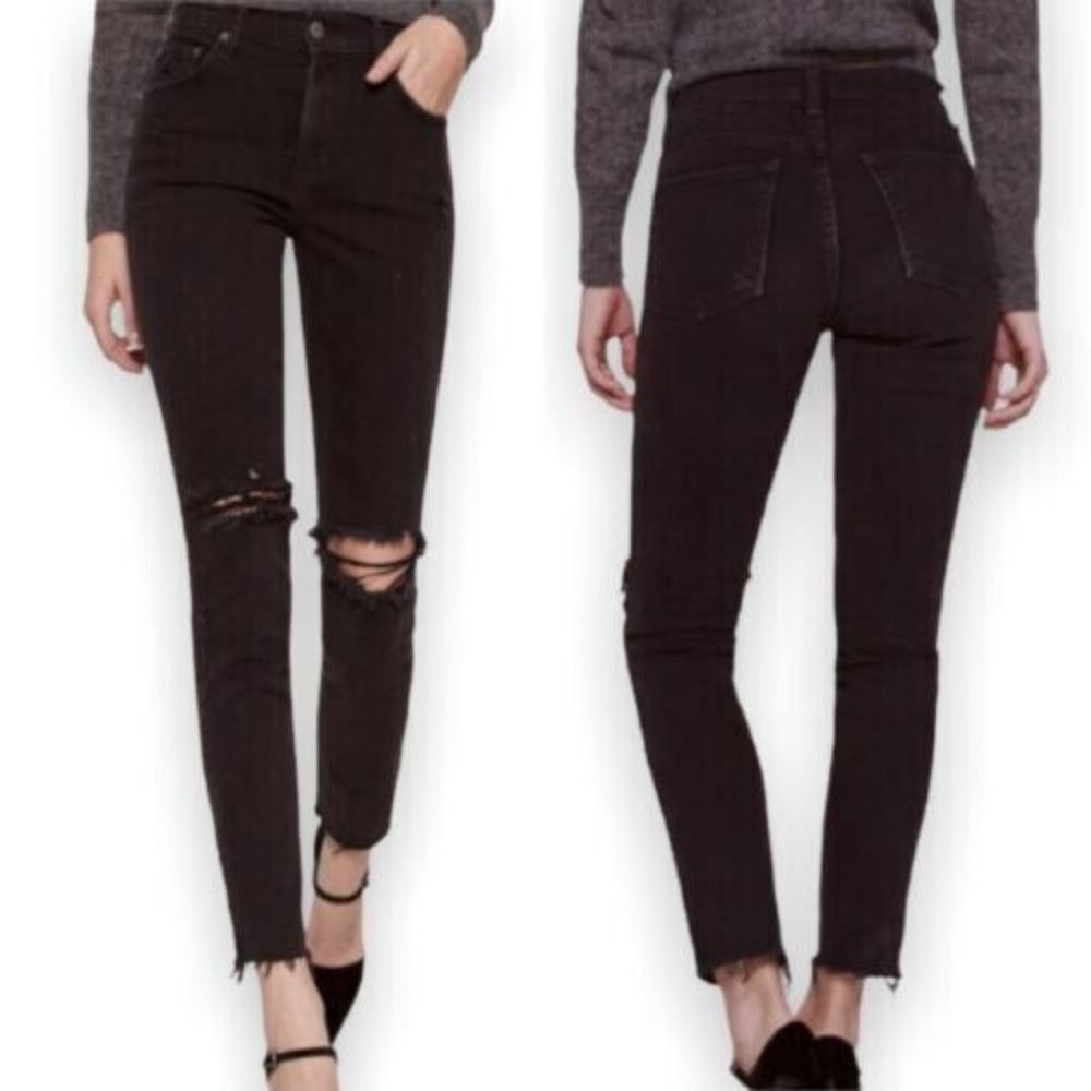 Reformation Camille Skinny Jeans Black Raw Hem Ripped Knees Distressed Nile Wash
